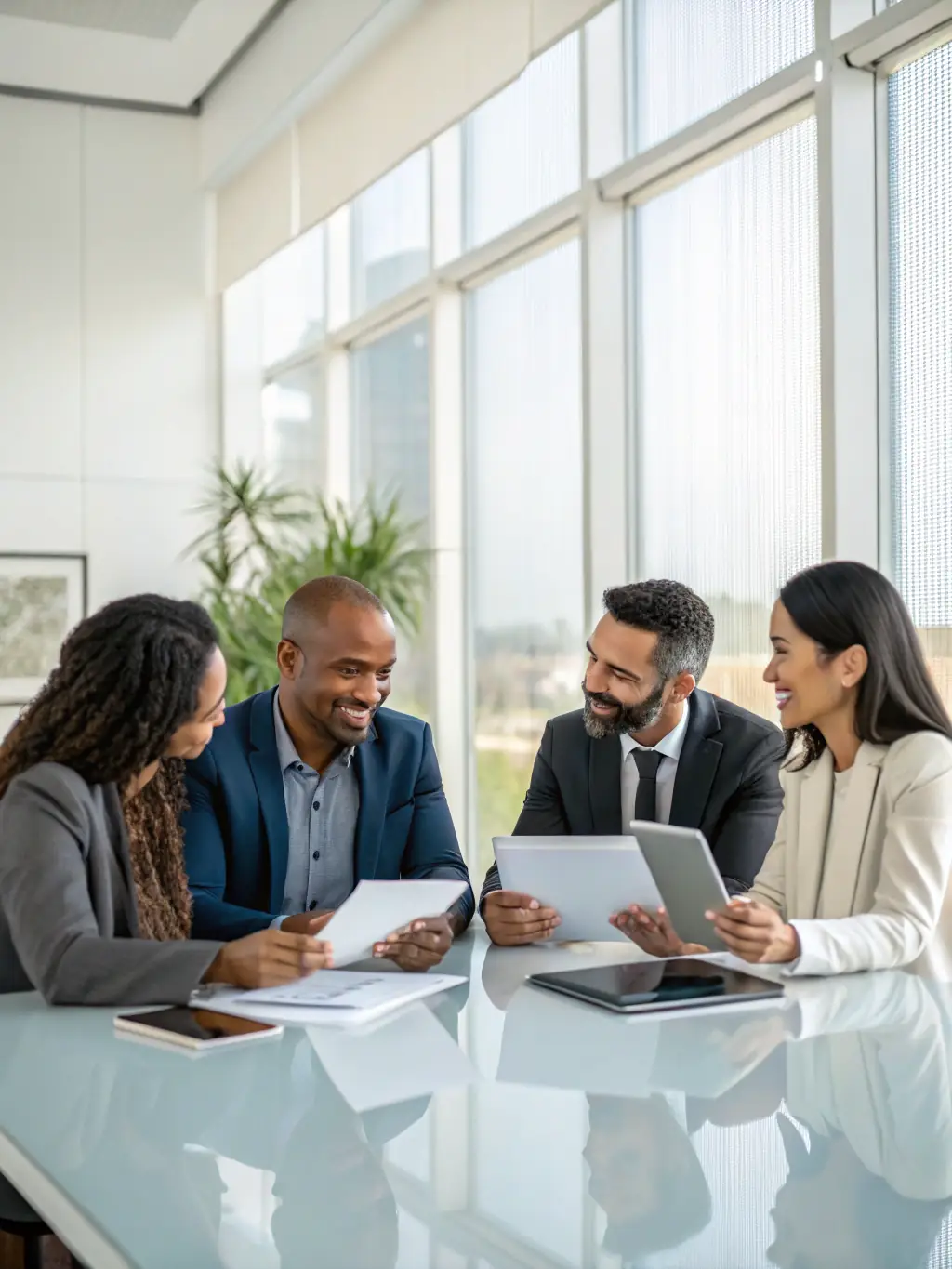 A professional photograph of a diverse group of people collaborating on financial charts and graphs in a modern office setting, symbolizing collaborative investment planning.