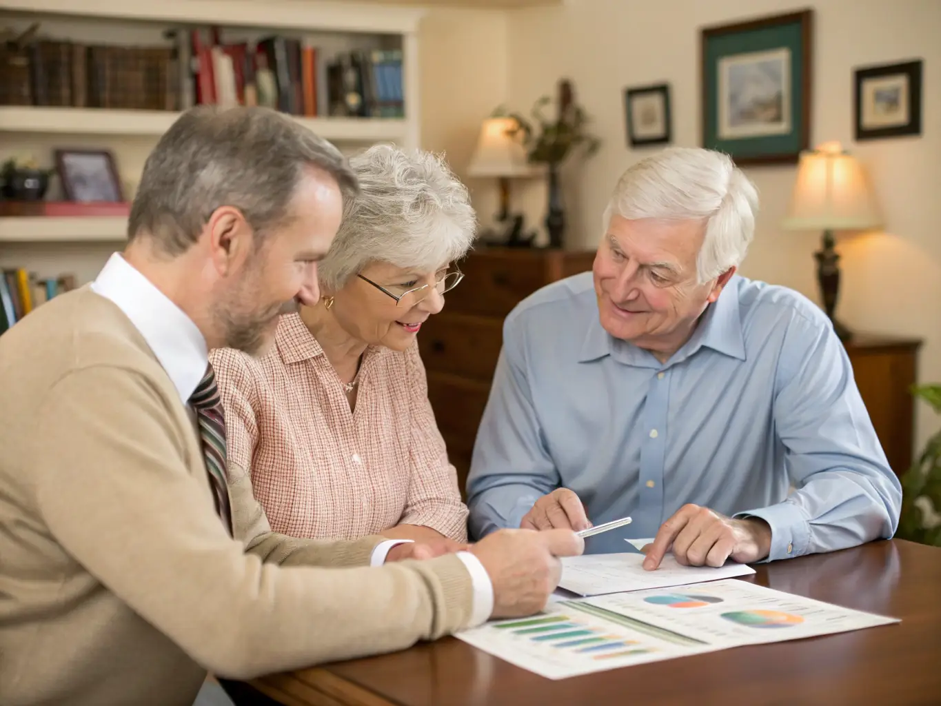 A senior couple smiling and reviewing financial documents together in their sunlit living room, representing retirement planning and financial security.