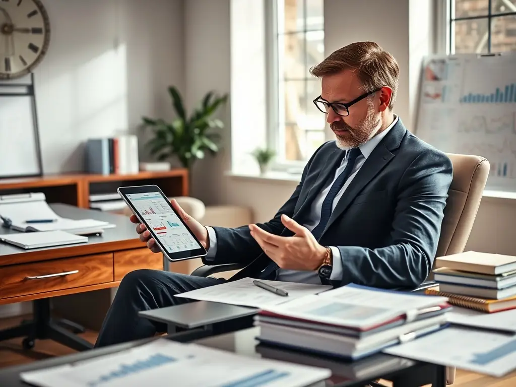 A young professional confidently using a tablet to review investment options in a modern office setting, representing informed financial decision-making.
