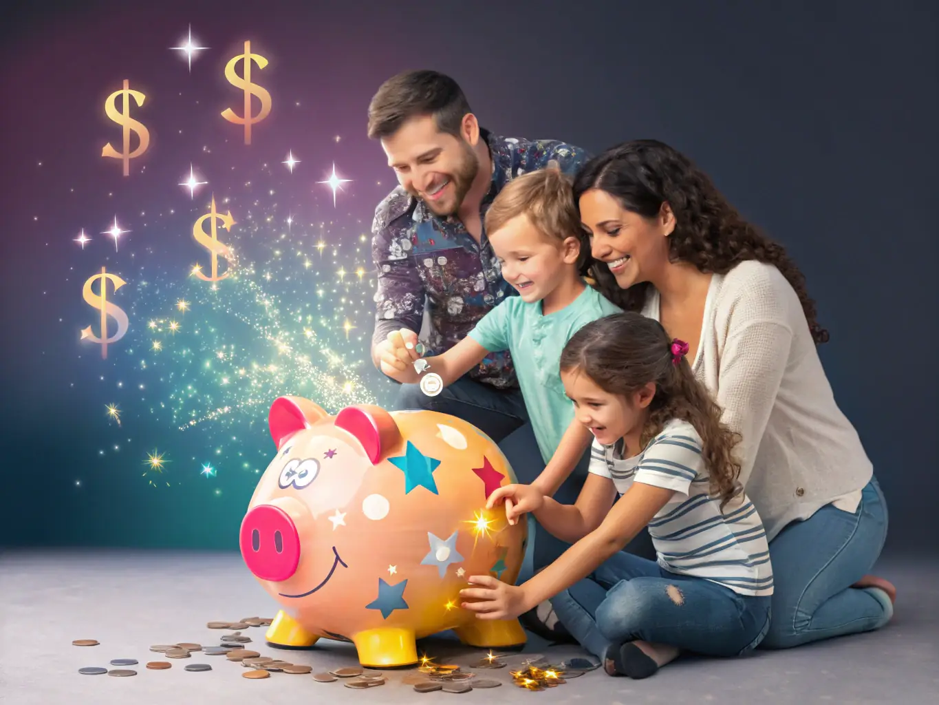 A Canadian family happily putting coins into a piggy bank, symbolizing savings for the future, set against a backdrop of a modern, comfortable home.